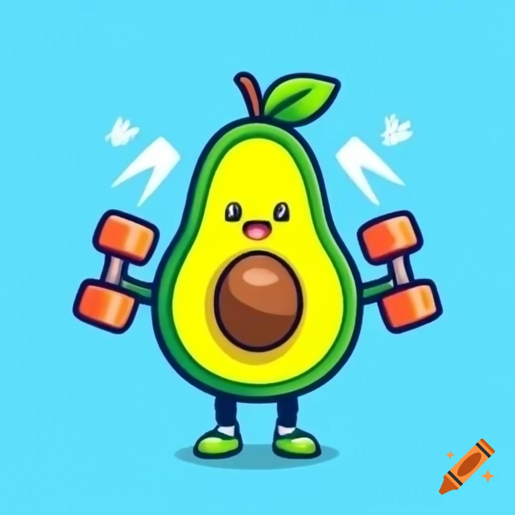 Cartoon avocado character working out with dumbbells and headband