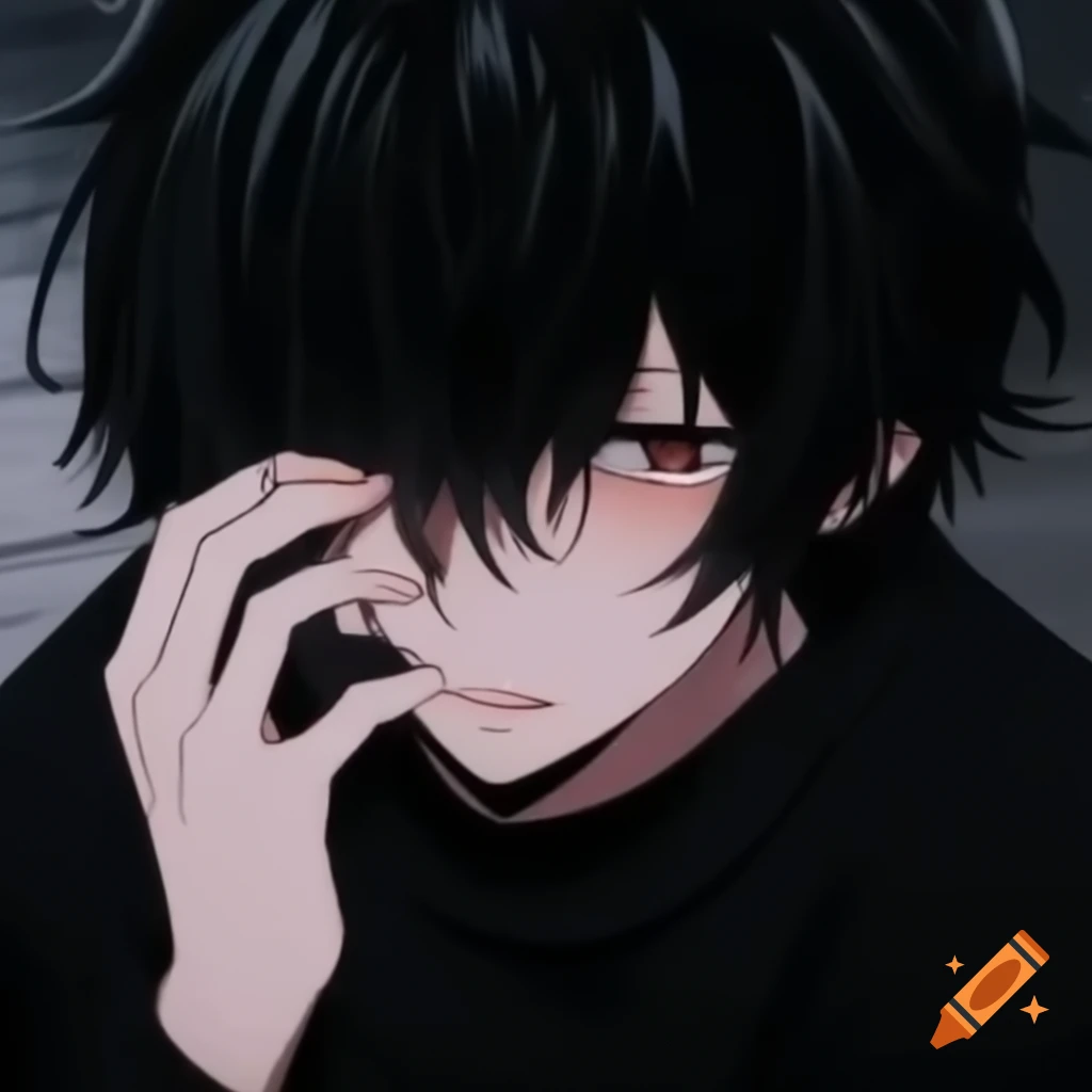 Anime character with black hair covering eyes, expressing a sense of depression