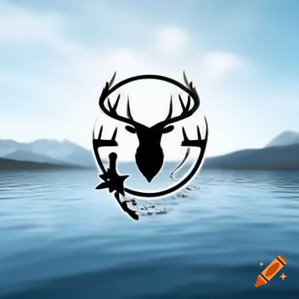 Logo featuring fishing pole and antlers crossing with mountains