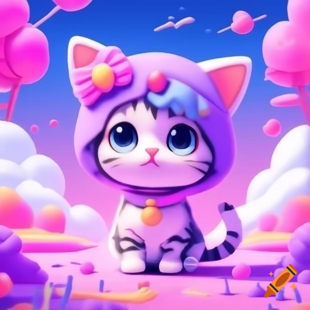 Cute girly kitten in pink and purple scenery, anime cartoon style