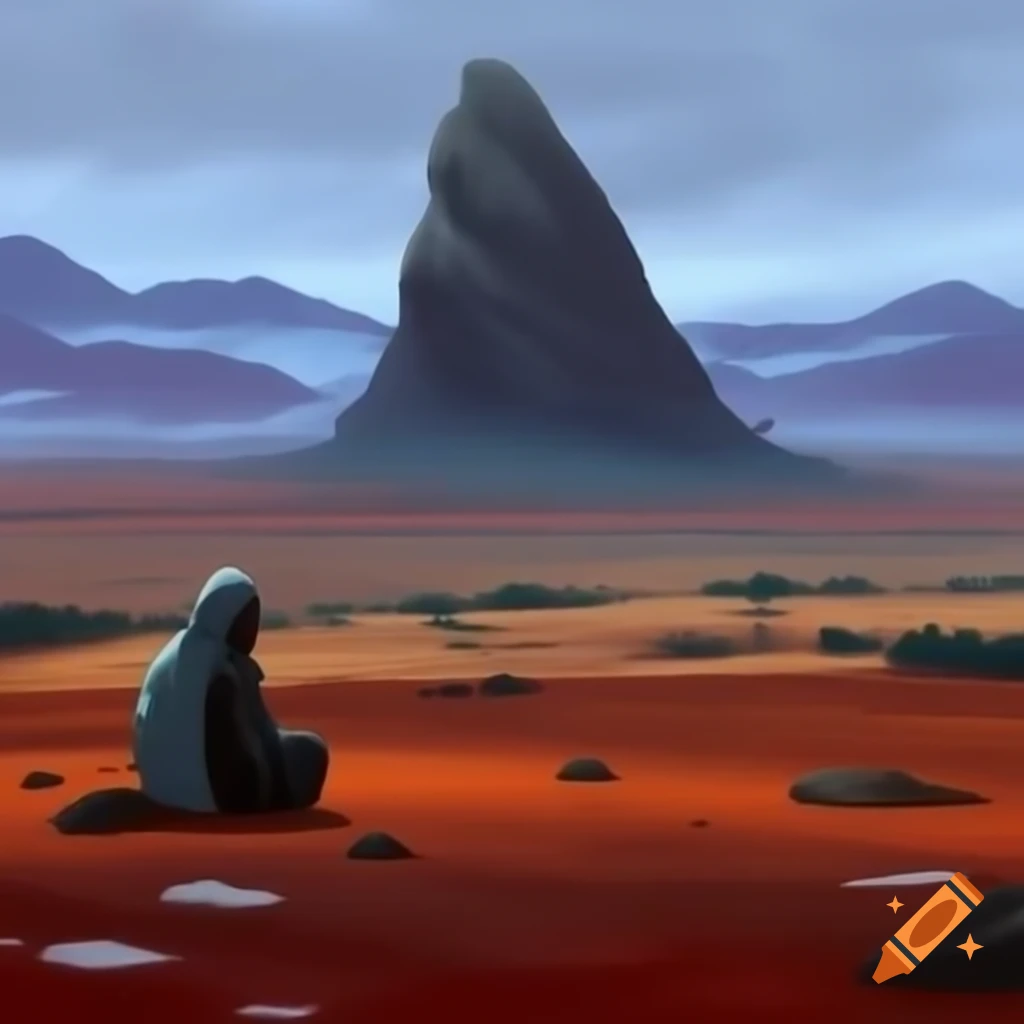 Hermit watching rain fall on desert rocks in Miyazaki style