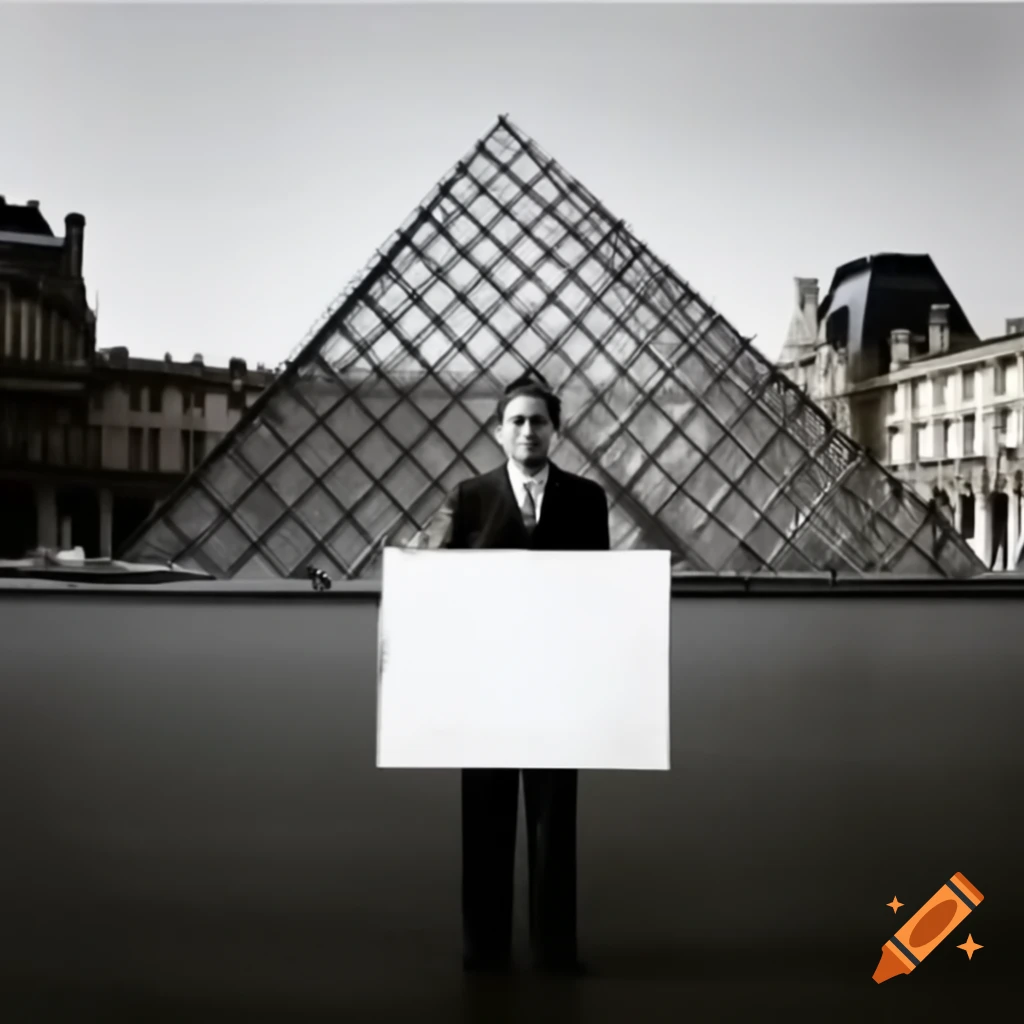 Managing director of Louvre museum with blank sign in front of Louvre pyramid, photorealistic