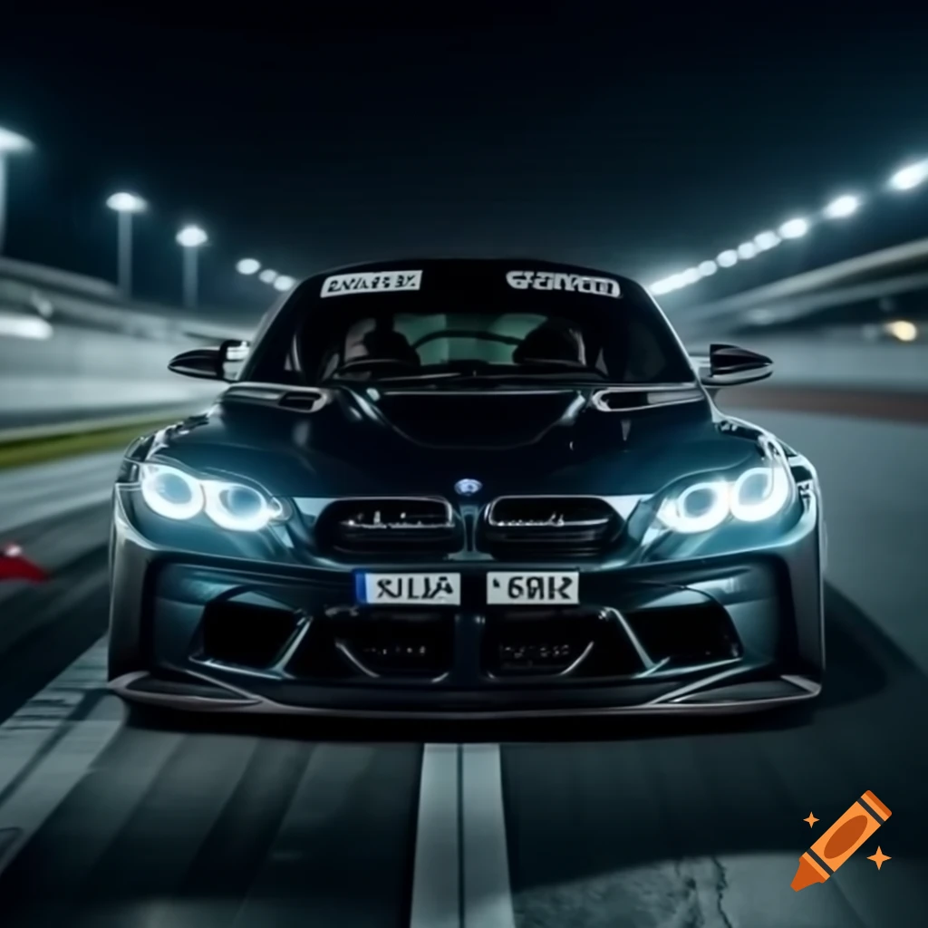 Modified BMW M4 racing on track at night