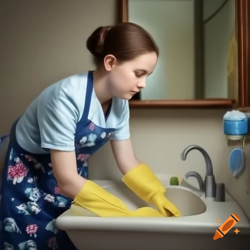 Caucasian mom in floral apron cleaning the sink with detergent