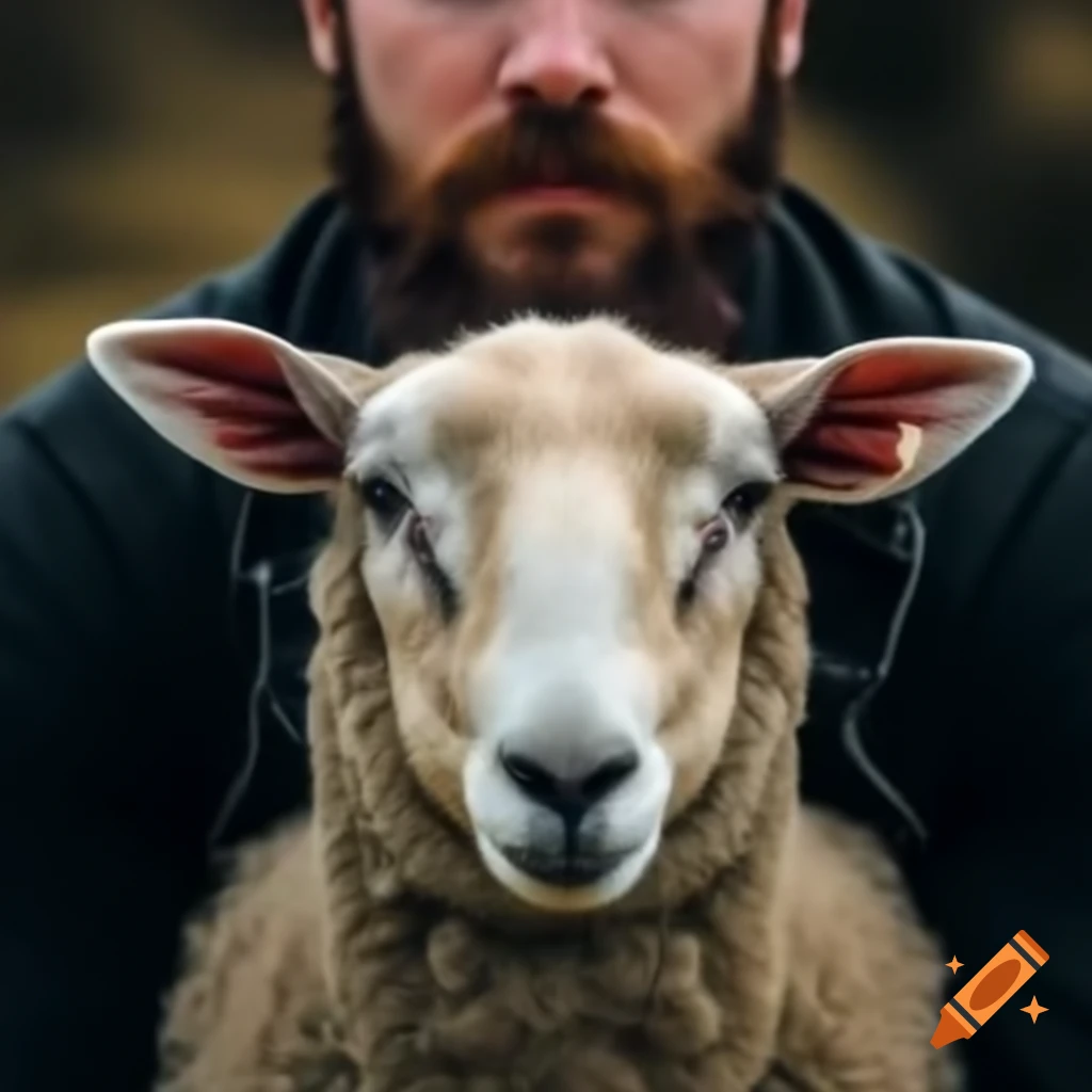 Close-up of a bearded man standing behind a sheep