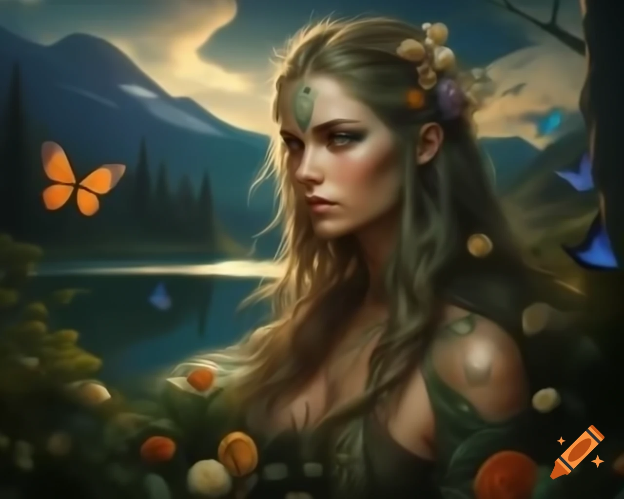 Hyperrealistic portrayal of a mystical Norse Celtic woman with flowers and butterflies in her hair