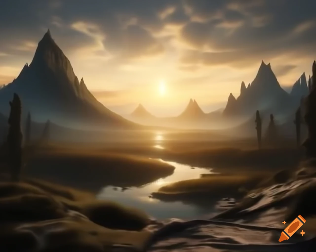 Breathtaking mountain range with flowing rivers and lush trees in an ancient land
