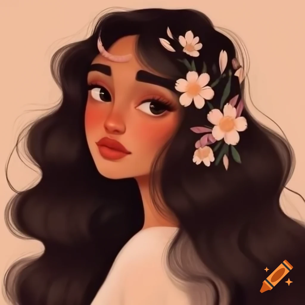 Woman with long wavy hair adorned with flowers