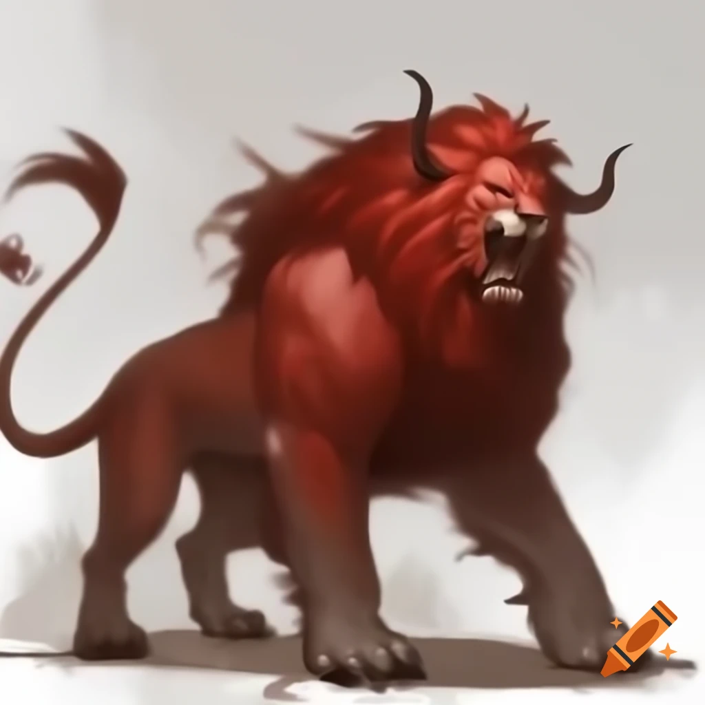 Horned red lion in fantasy world on four legs