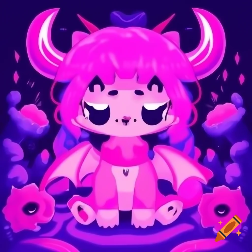 Cute devil-horned kitten in pink and purple themed hell scenery, anime cartoon style