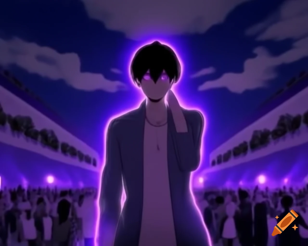 Young man with purple eyes in crowded festival scene