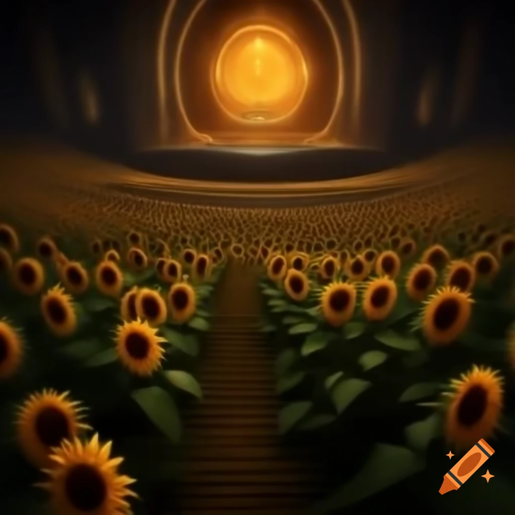 Glowing sunflowers in underdark with amphitheater and cultists