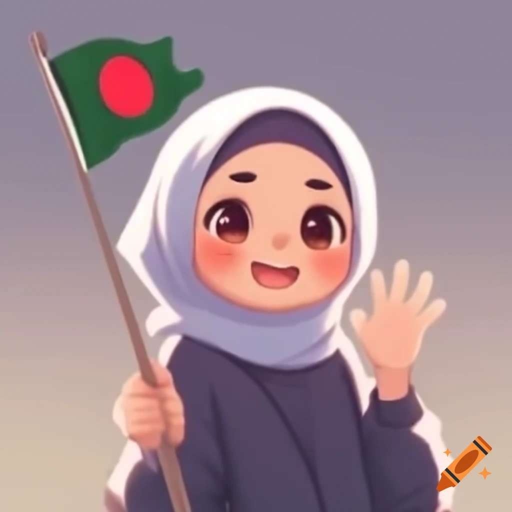 Anime girl in hijab smiling and waving with Bangladeshi flag