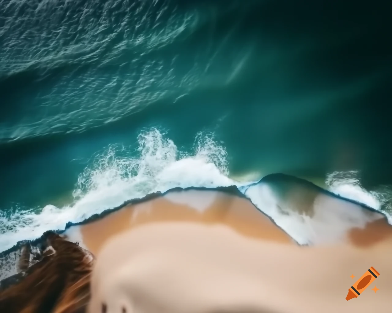 Overhead view of sandy beach and shoreline with vegetation at midday