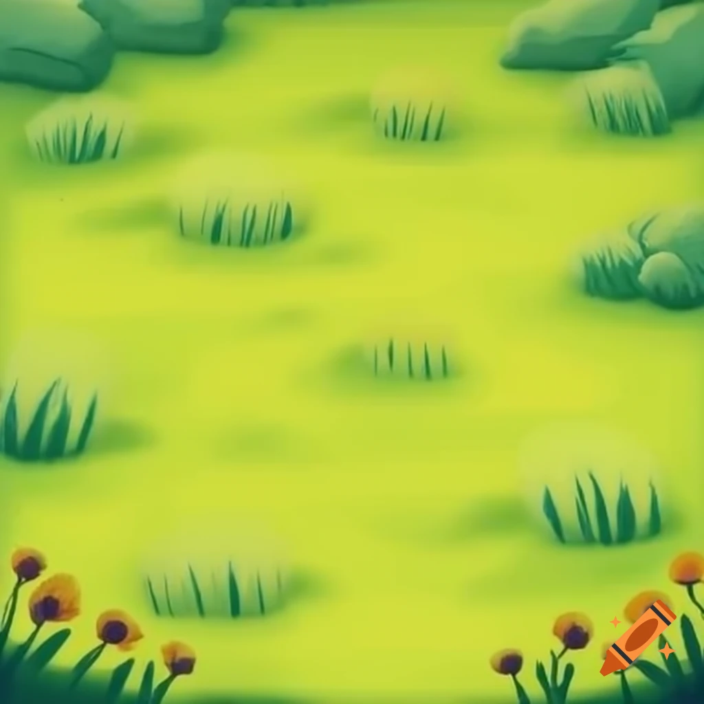 Cartoon field with grass and flowers viewed from above