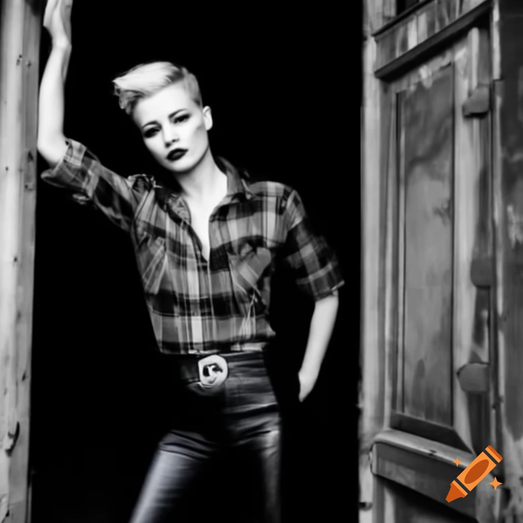 Punk rocker with mohawk hairstyle in plaid shirt and leather trousers peeking through derelict setting