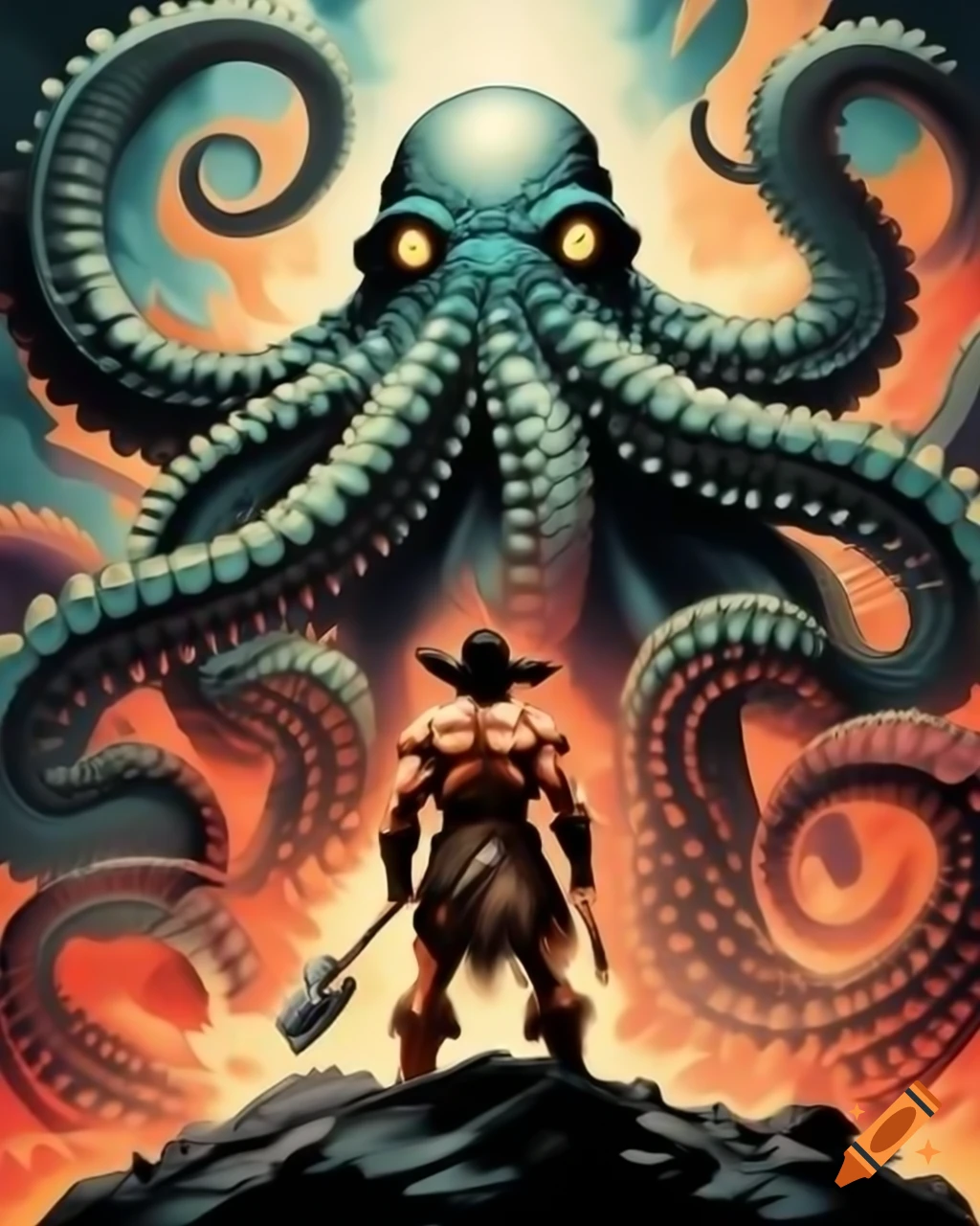 Conan the Barbarian battling a giant octopus in oil paint art style