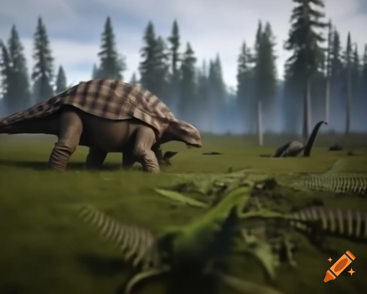 Ankylosaurus in fern prairie with fallen trees and Diplodocus in background, British Columbia