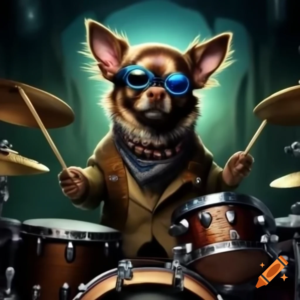 Chihuahua playing drums in Lovecraftian scene, wearing bandana and blue sunglasses
