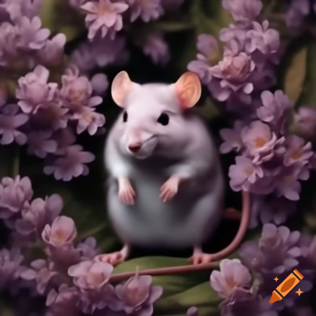 Mouse among lilac flowers