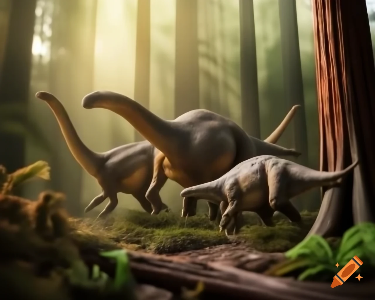 Hadrosaurus crossing ravine in redwood forest with fern undergrowth