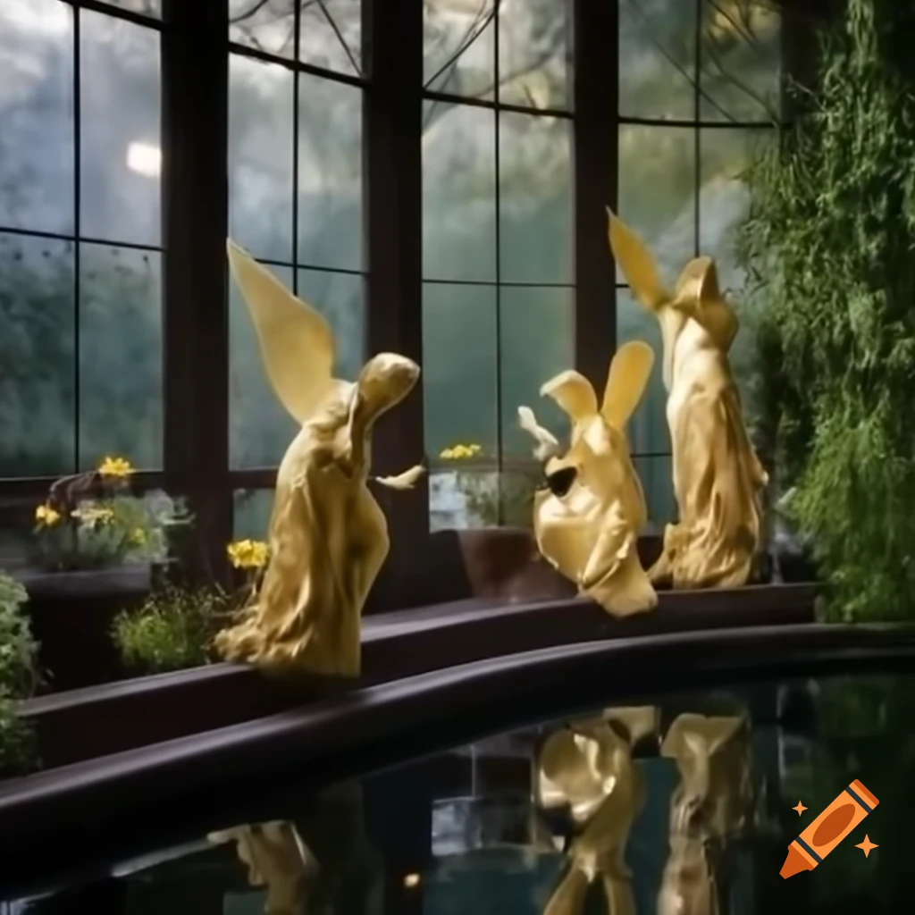 Monet-style Victorian garden with gold angel statues, flowers, and pond at dawn