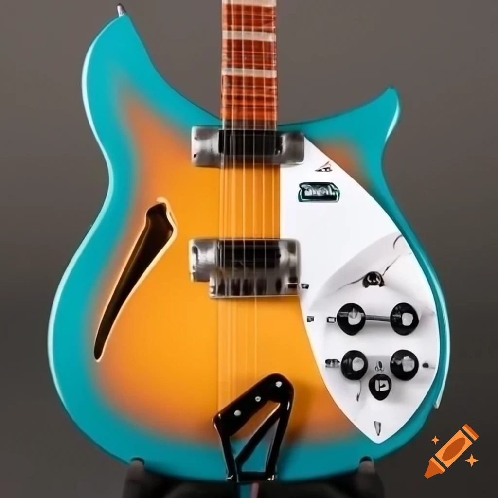 Turquoise, yellow, and orange painted Rickenbacker guitar