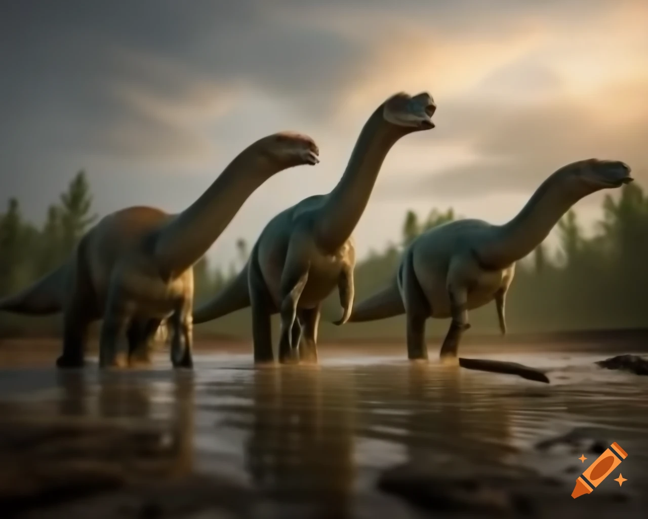 Three cinnamon-striped Hadrosaurus dinosaurs in mudflat with driftwood in morning light