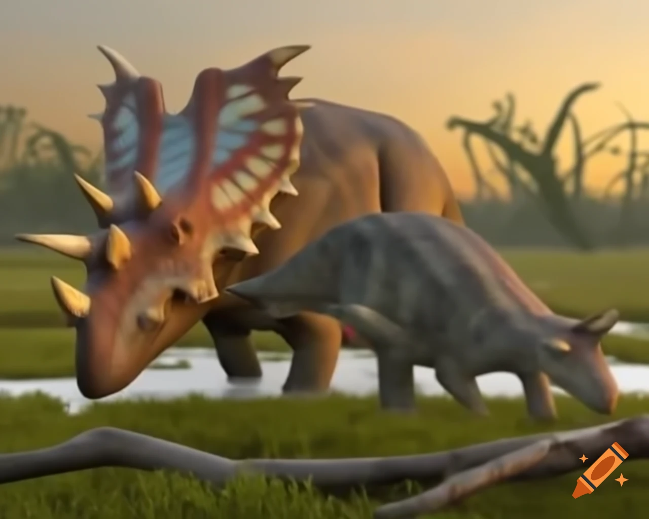 Cinnamon-colored and grey striped Styracosaurus in marshland during golden hour