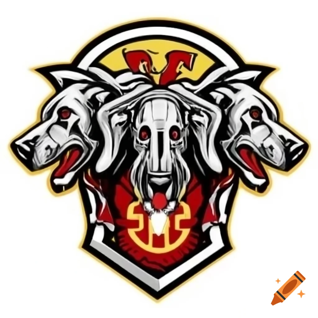 Ornate crest featuring hell hound design for American football logo