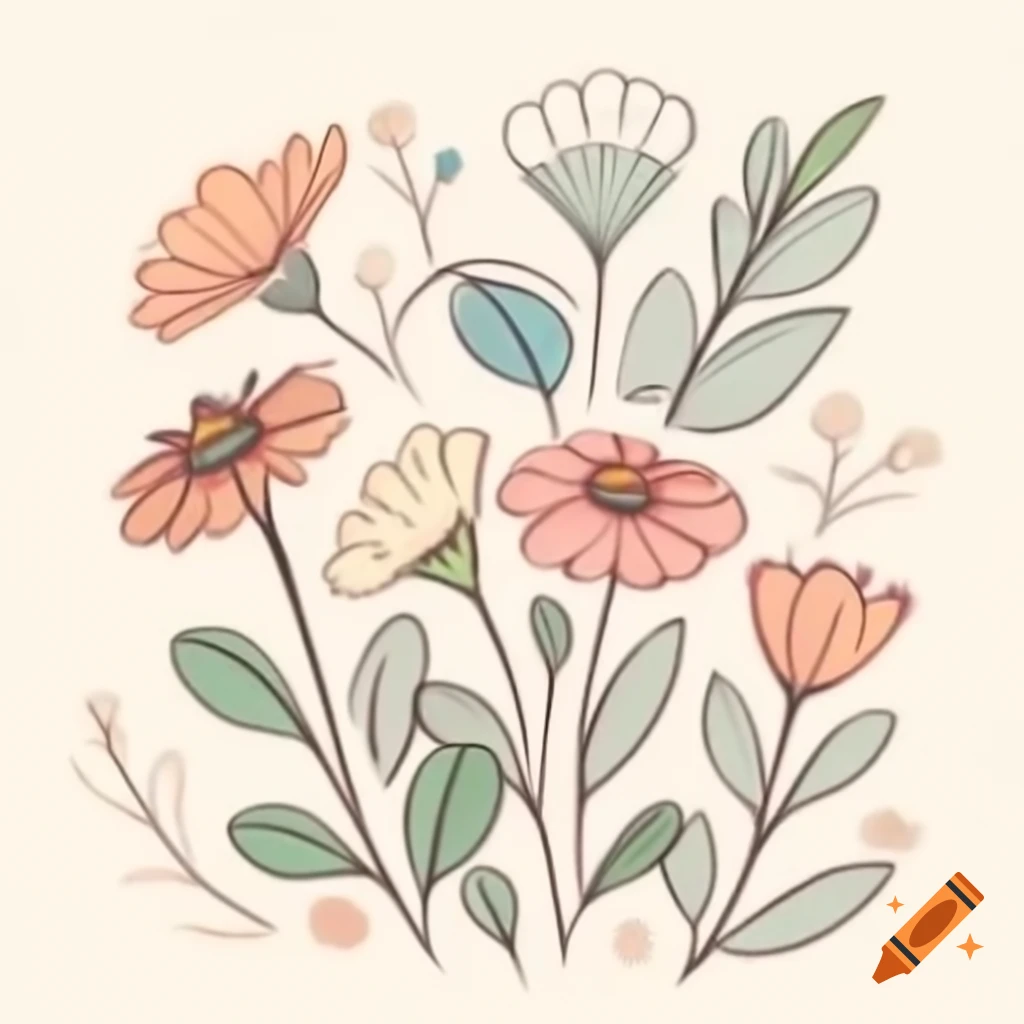 Pastel colored flowers and leaves sketch