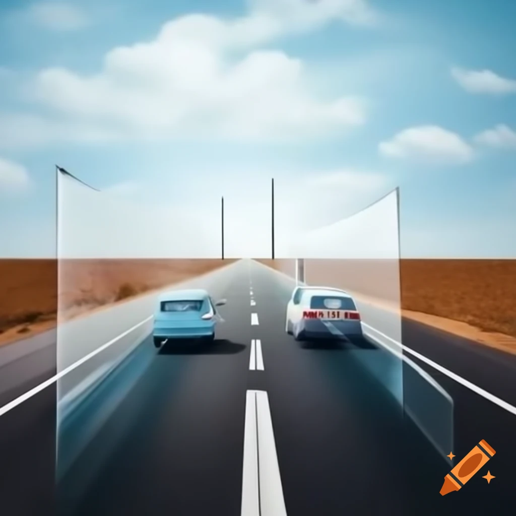 Road with two cars connected by transparent glass tube made of radio antennas