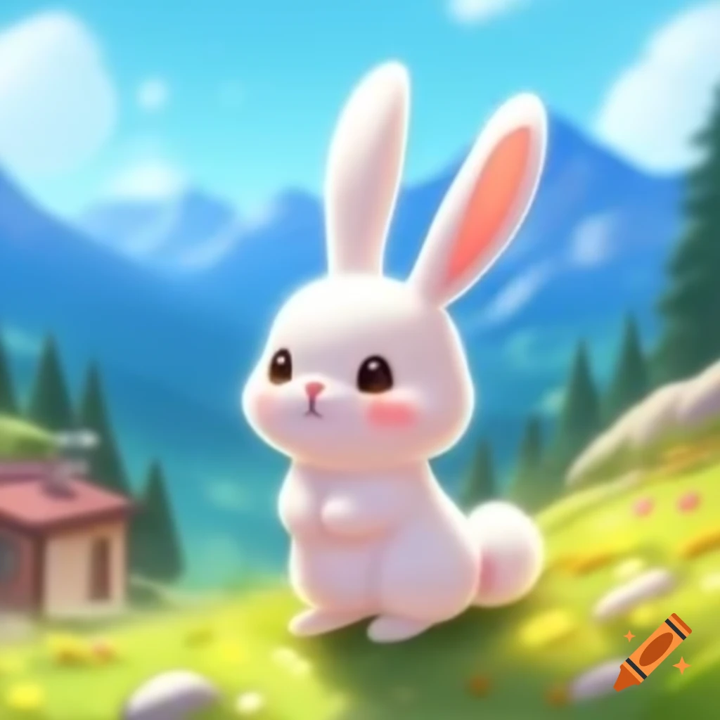 Cute white rabbit observing high mountains