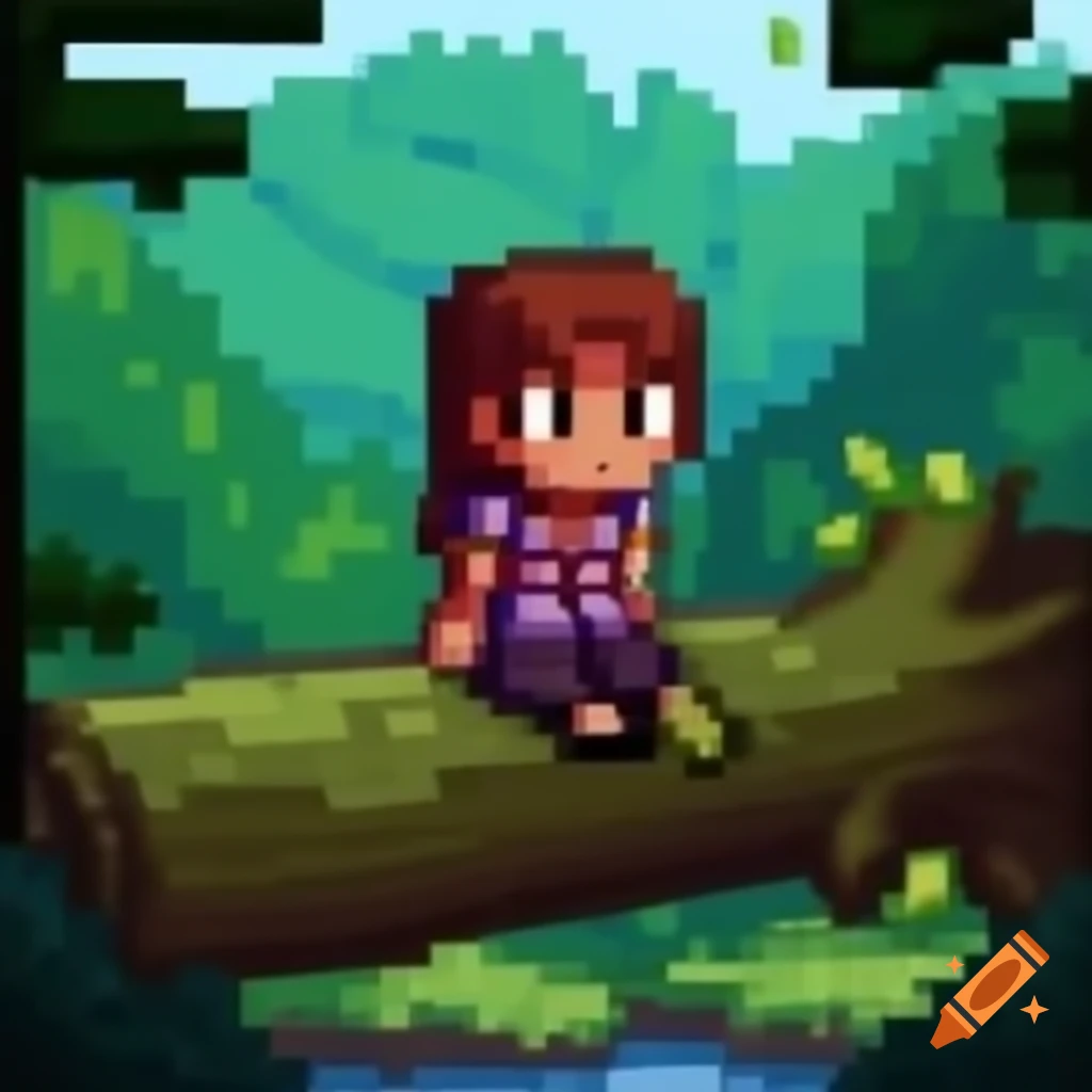 Pixel art of woman sitting on a log in forest with Salem theme