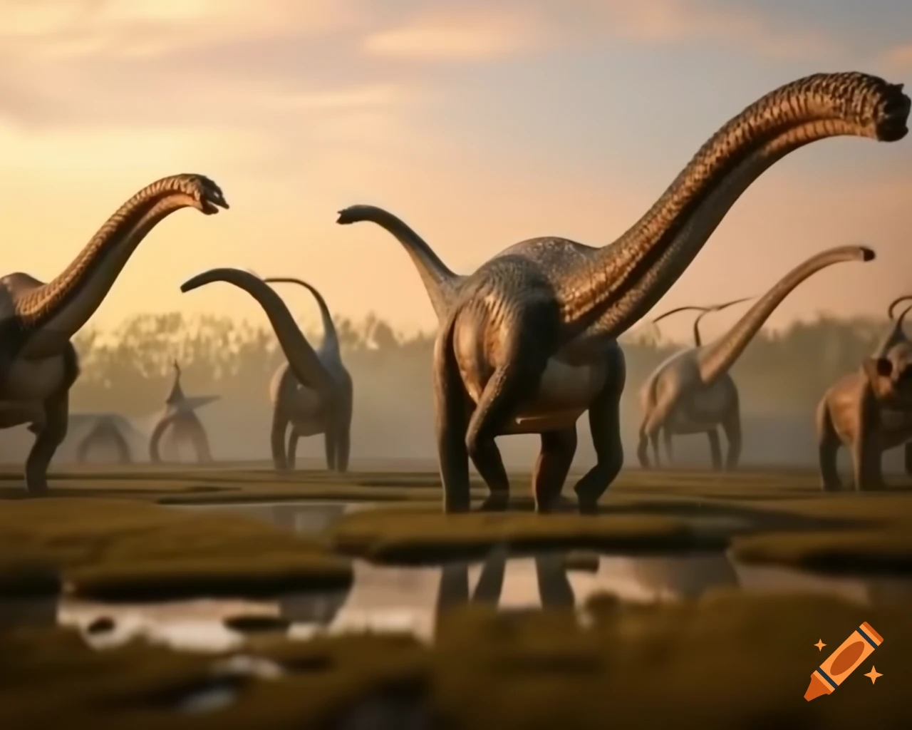 Hadrosaurus dinosaurs in a marshland illuminated by morning light
