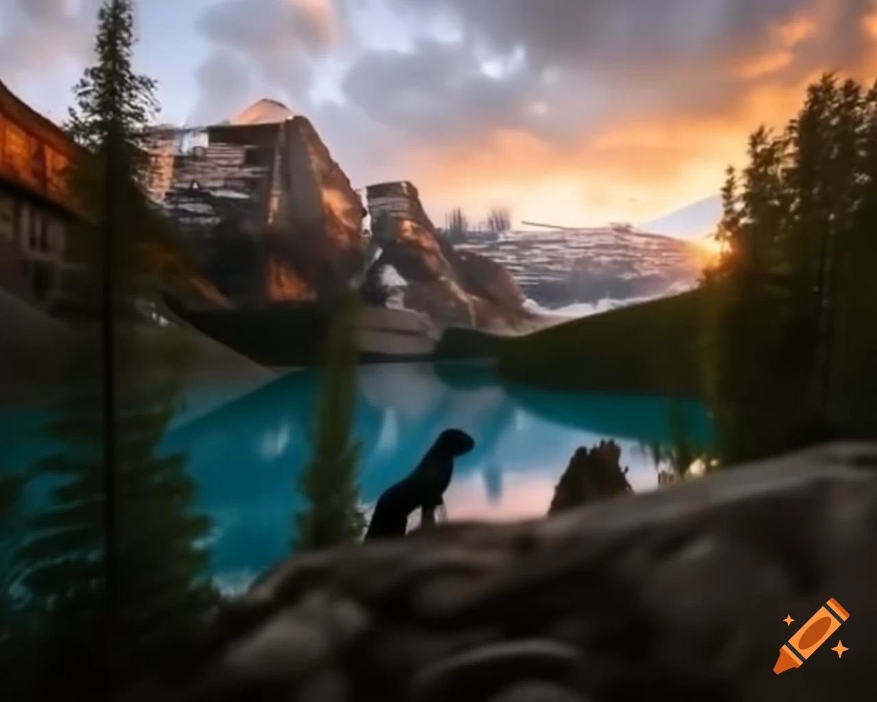 Realistic nature photography of black Labrador retriever by mountains and lake with birds and trees