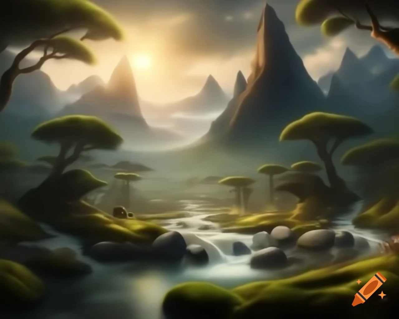 Majestic mountain range above winding river with grand trees