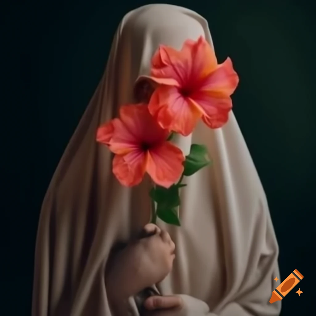 Woman in burqa holding hibiscus flowers