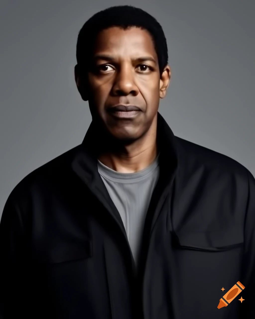 Denzel Washington in black jacket and grey shirt on grey background