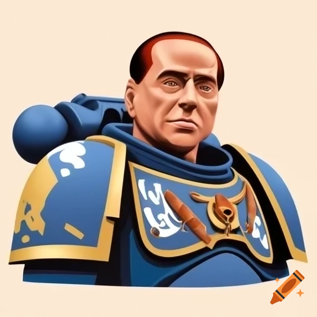 Silvio Berlusconi depicted in Warhammer 40k armor