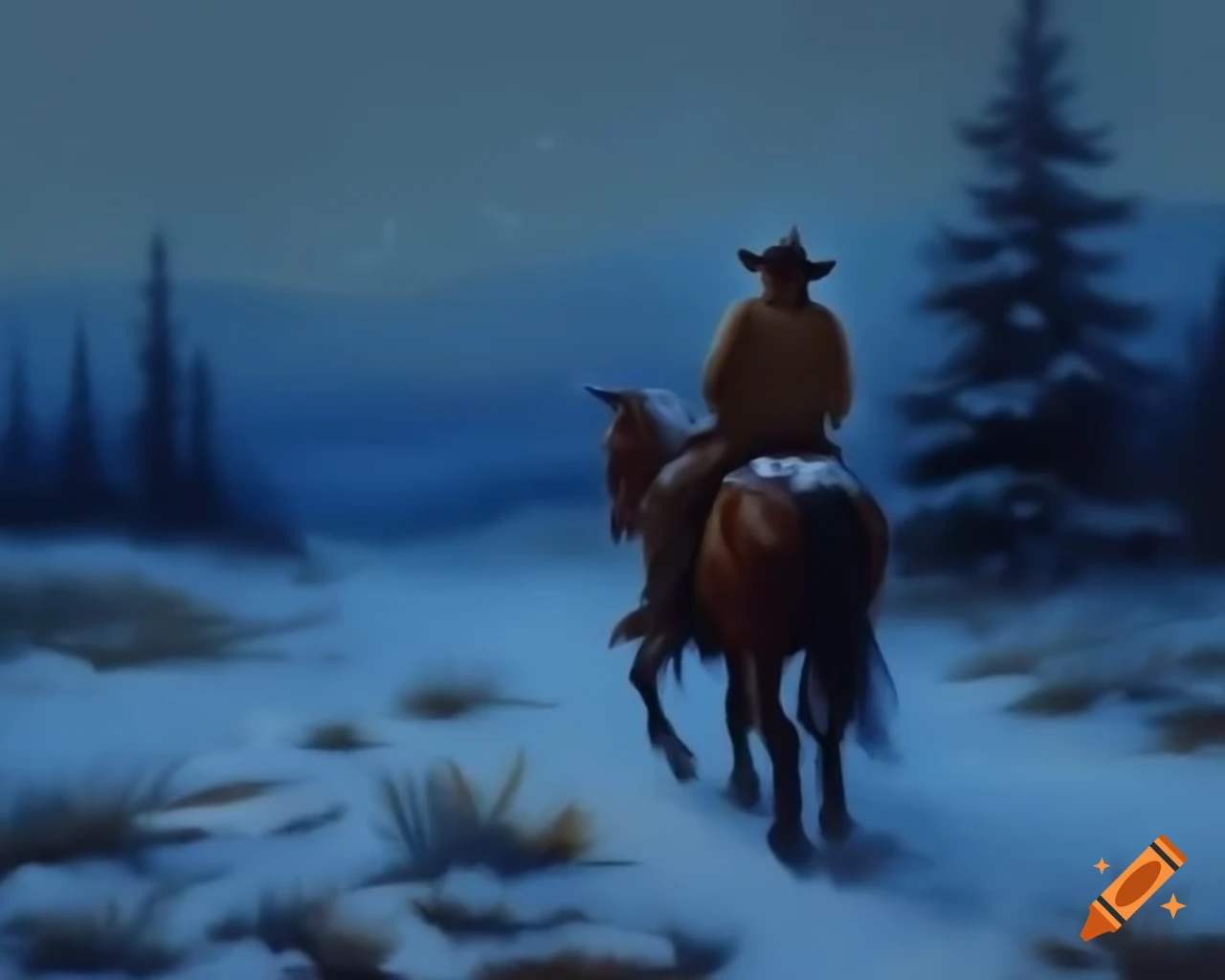 Rugged cowboy on grey horse in snowy field with Christmas tree, oil painting in Monet style