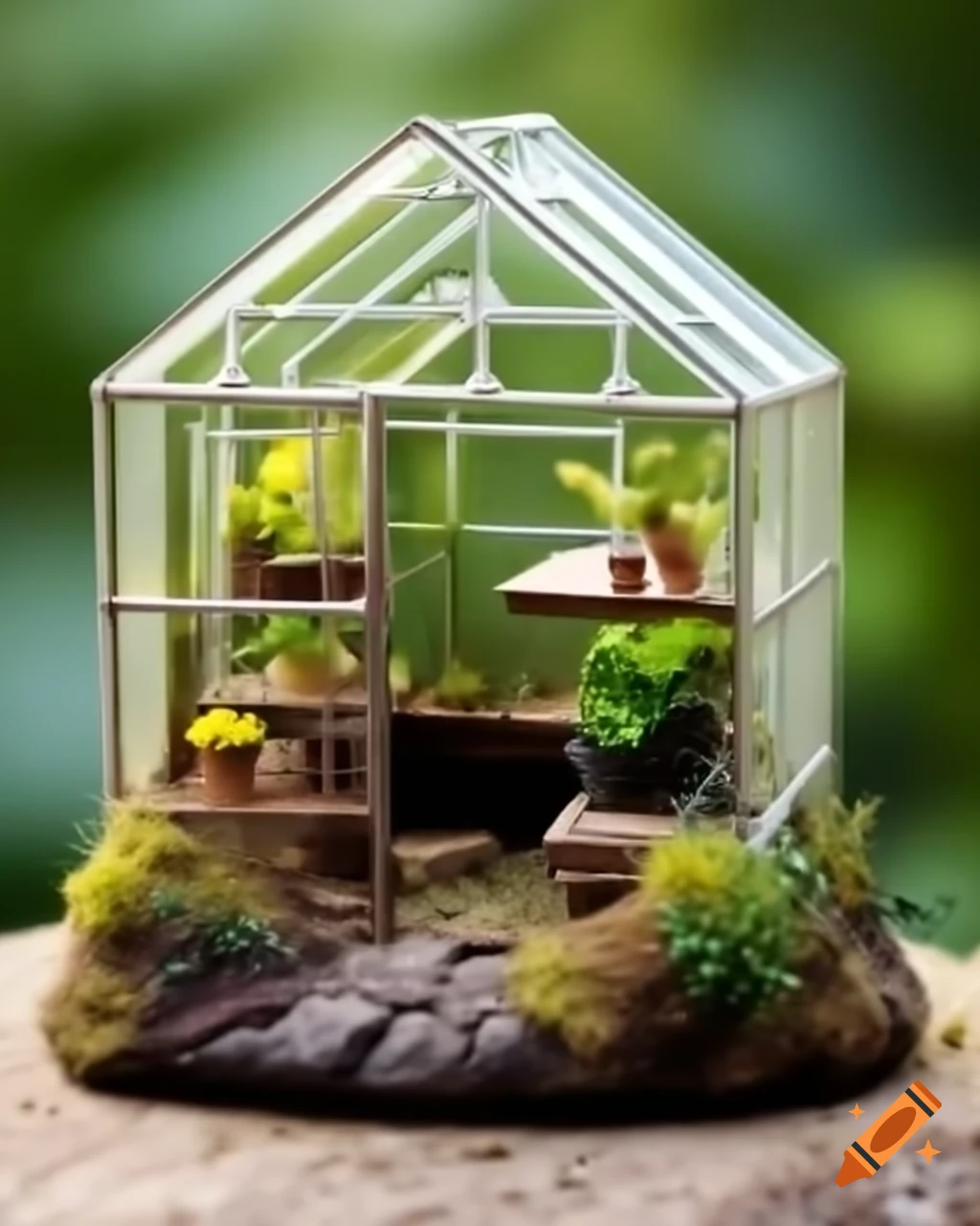 Miniature greenhouse with small plants on a rock, detailed diorama photography