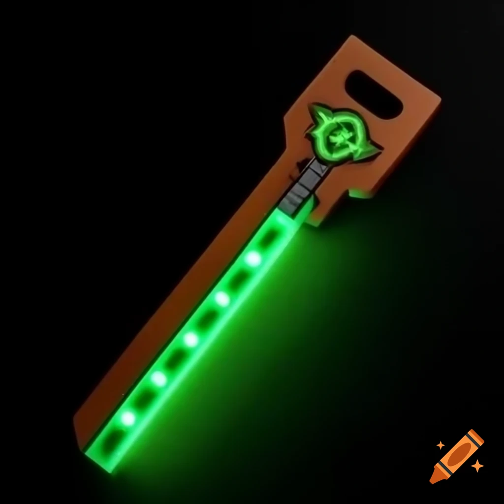 Wooden multi-layered Keyblade with green glowing string