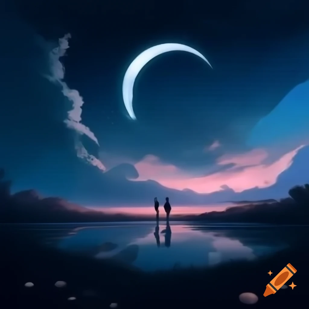 Surreal twilight landscape with crescent moon and silhouetted figure