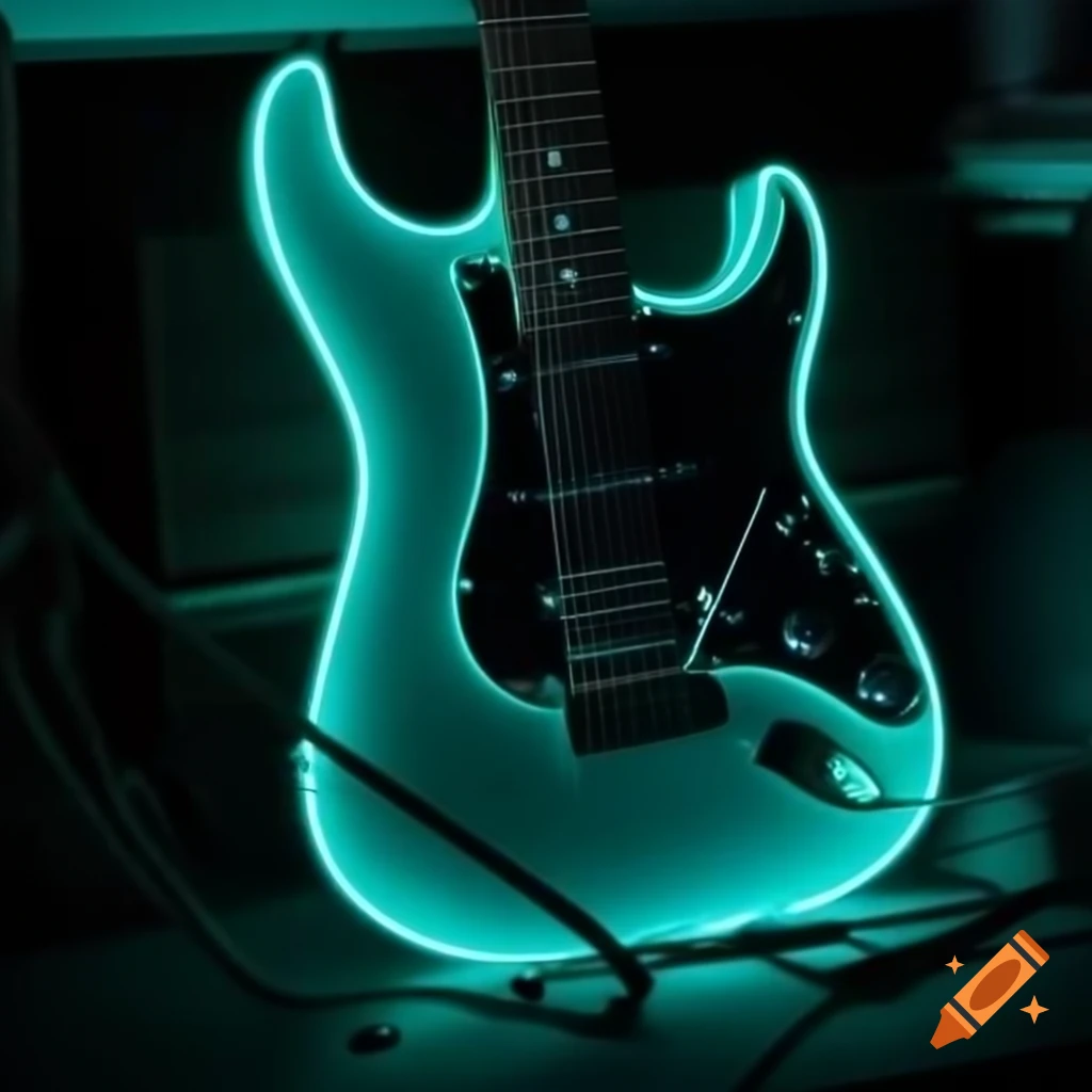 Electric guitar illuminated by neon light