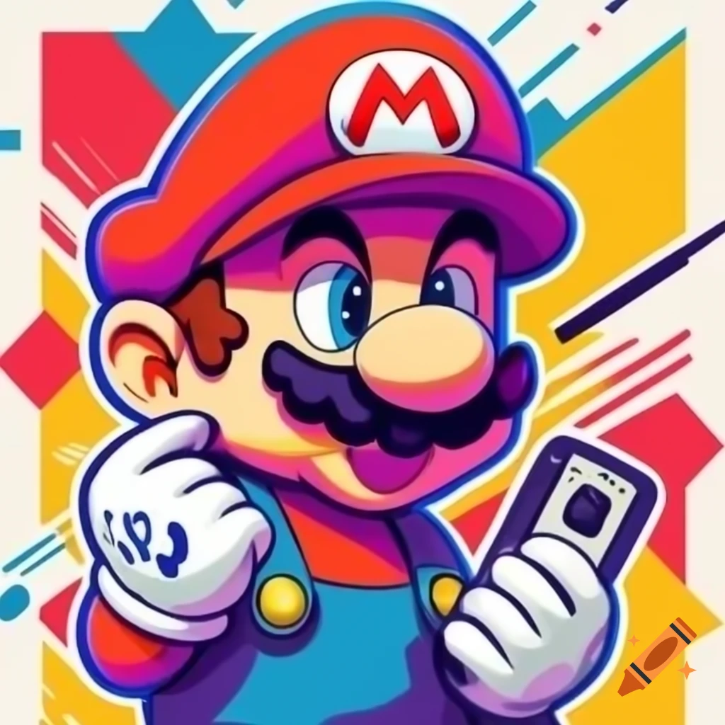 Pop art style of Super Mario using a mobile phone