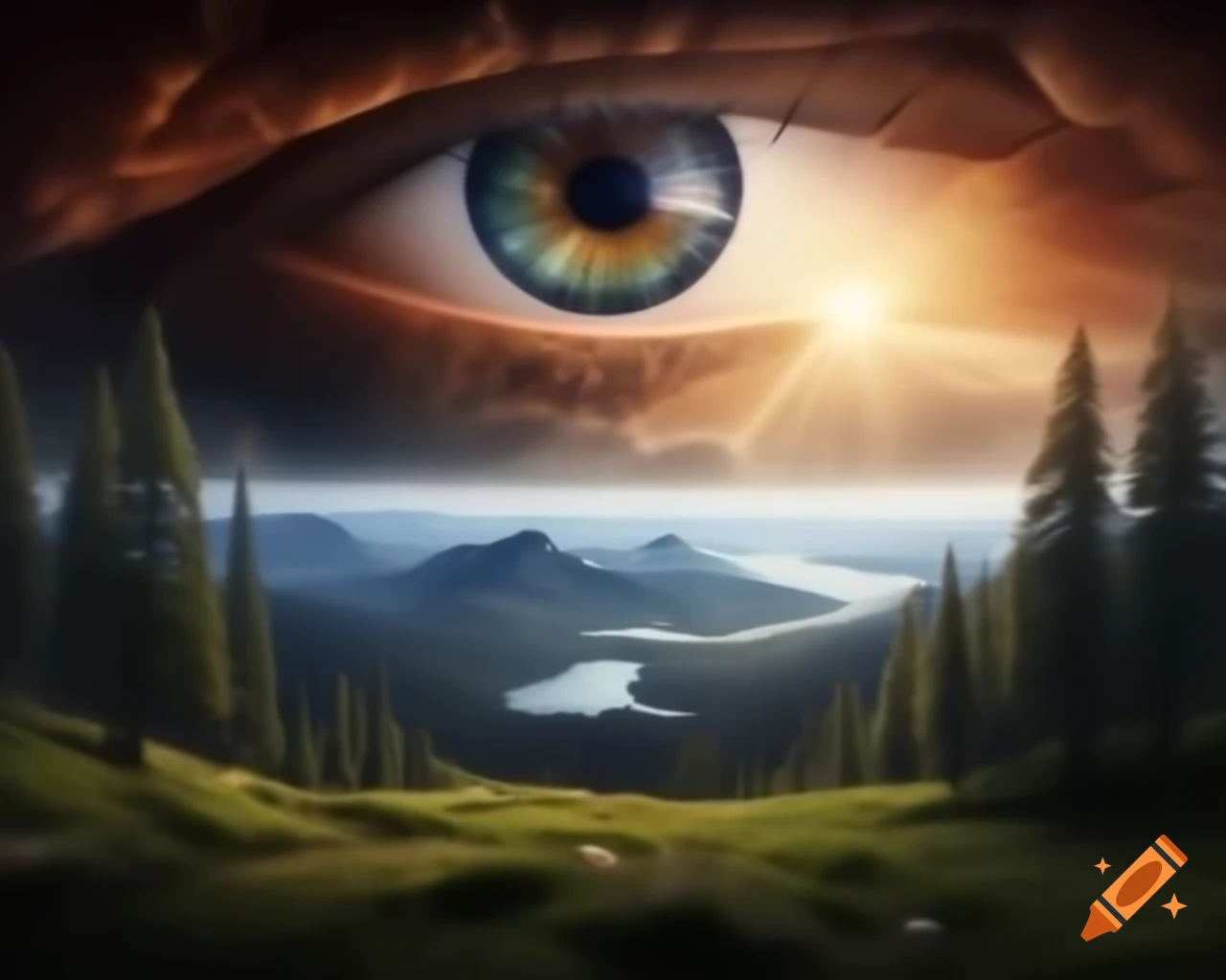 Surreal mountain range with giant eye above valley of ripened tomatoes