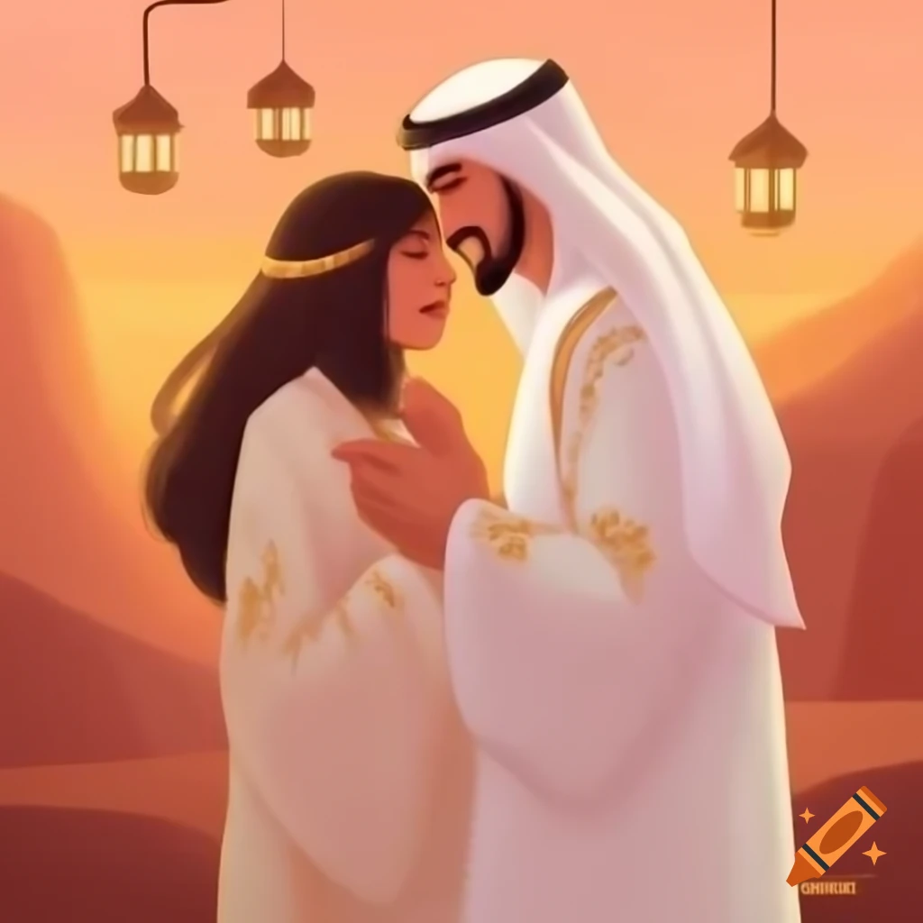 Aesthetic drawing of Arabic couple in traditional clothing, intimate and serene atmosphere