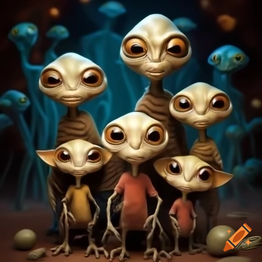 Happy family portrait featuring humanoid aliens