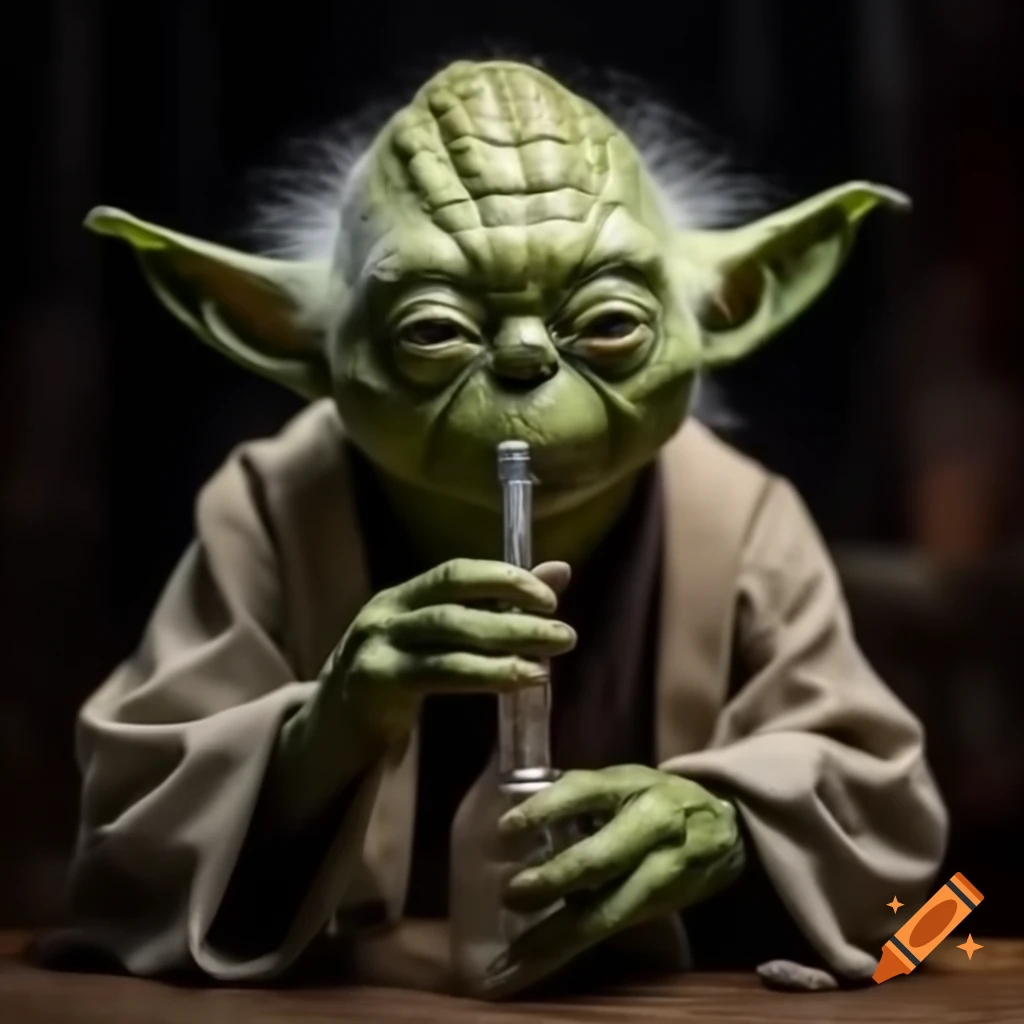 Yoda character humorously interacting with a bong